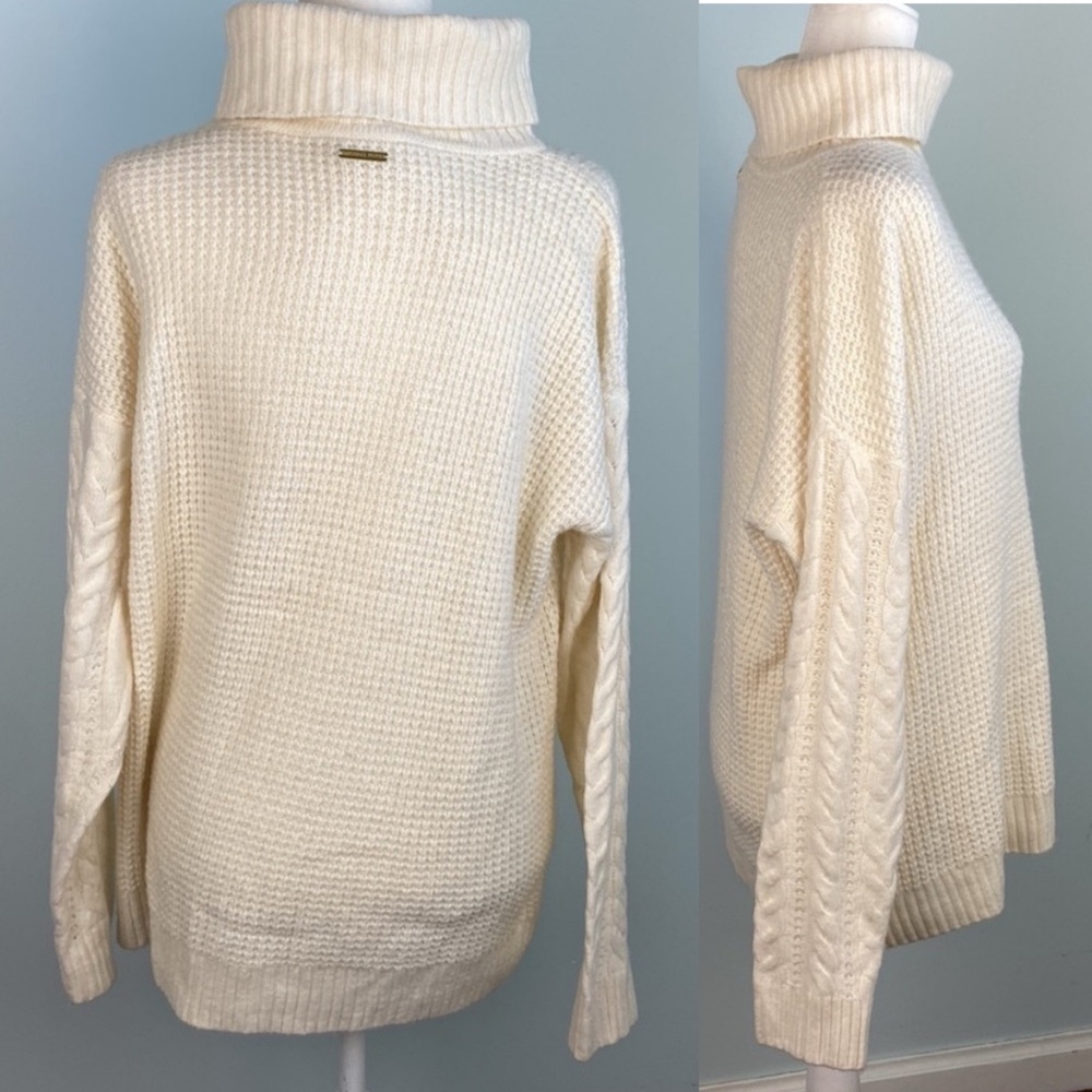 Michael Kors Ribbed Knit Turtleneck Sweater White Drop Shoulders Size Large